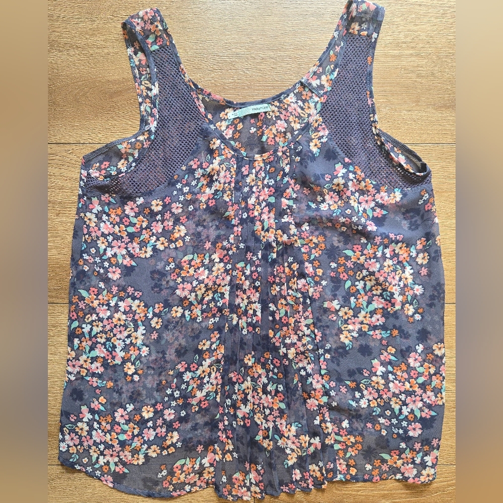 ​Maurices Floral Sheer Sleeveless Tank Top Crochet Trim Blue L